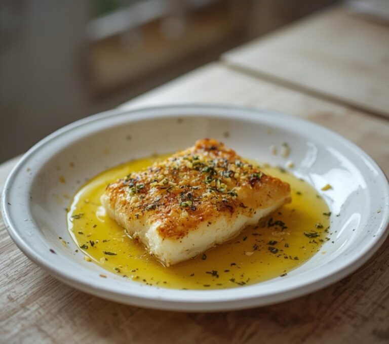Baked Cod Mediterranean: Baked cod fillets with a golden lemon-herb glaze, ready to serve for a Mediterranean diet dinner.