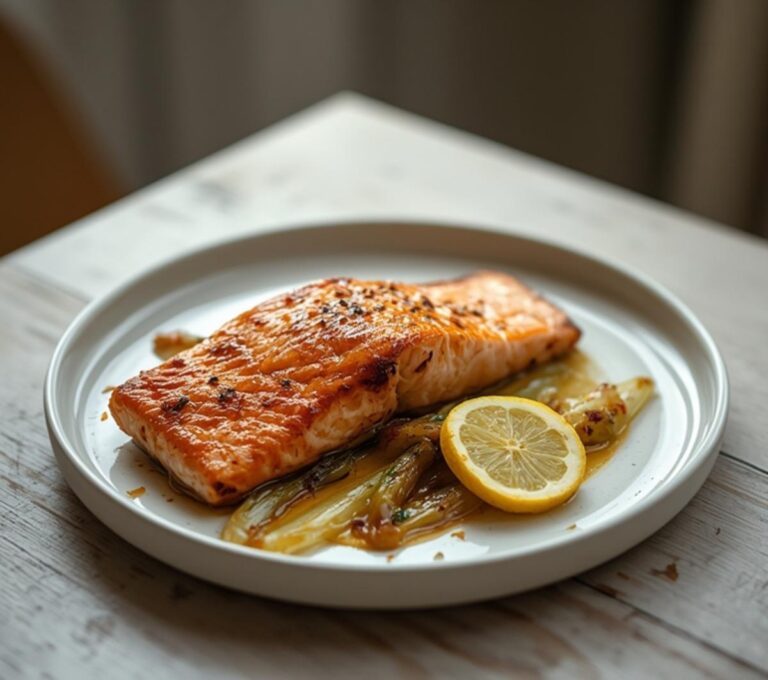 Baked Salmon Leek Parcel: A baked salmon leek parcel with flaky fish, golden leeks, and lemon slices on a parchment-lined tray.