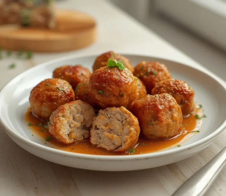 Baked Turkey Meatballs: Golden baked turkey meatballs on a baking sheet with a glistening top and tender texture.