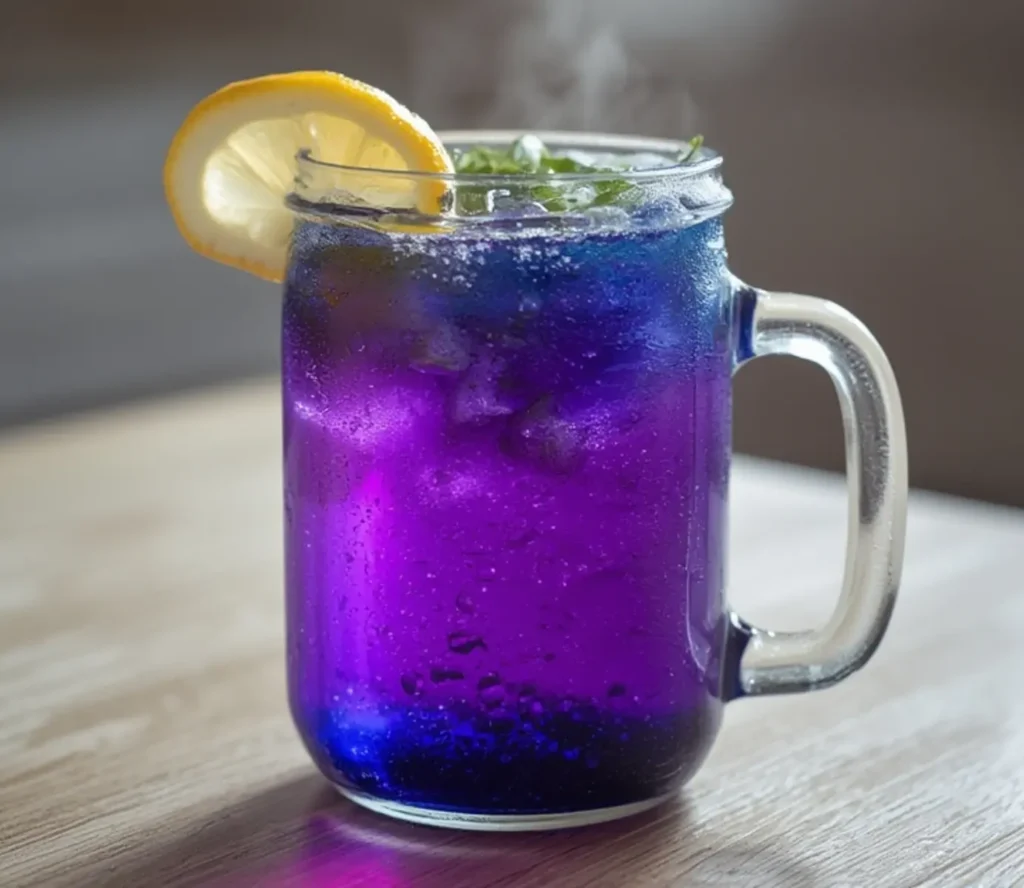 Blue Pea Flower Tea: Iced blue pea flower tea in a glass shifting from blue to purple with lemon.