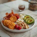 Breakfast Grazing Board: Colorful breakfast grazing board with keto-friendly crackers, bacon, berries, and avocado for a lazy morning.