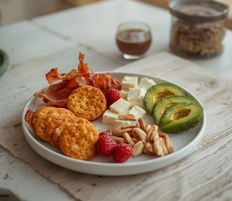 Breakfast Grazing Board: Colorful breakfast grazing board with keto-friendly crackers, bacon, berries, and avocado for a lazy morning.