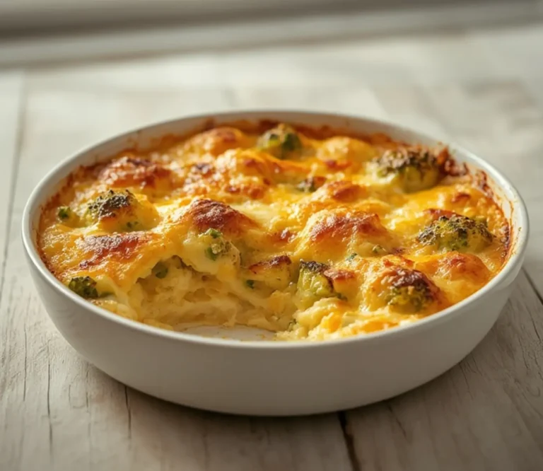 Broccoli Cheese Chicken Bake: Golden, bubbly broccoli cheese chicken bake fresh from the oven, with melted cheddar topping and tender chicken and broccoli visible.