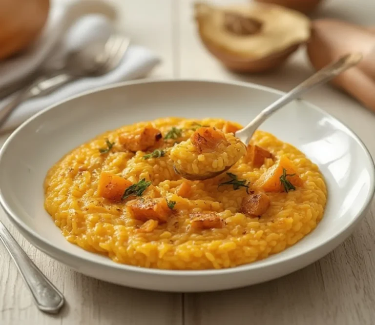 Butternut Squash Risotto: Creamy golden butternut squash risotto in a white bowl with a sprinkle of fresh sage on top.
