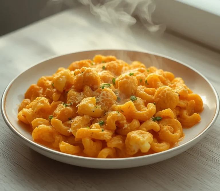 Home 6 Cauliflower Mac Cheese: Creamy Cauliflower Mac Cheese in a pot with golden cheese sauce and tender vegetable florets.