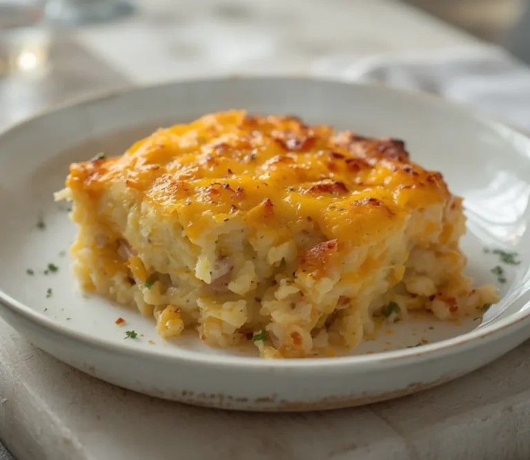 Cheesy Cauliflower Rice Casserole: Golden bubbly cheesy cauliflower rice casserole in a baking dish with melted cheese top.