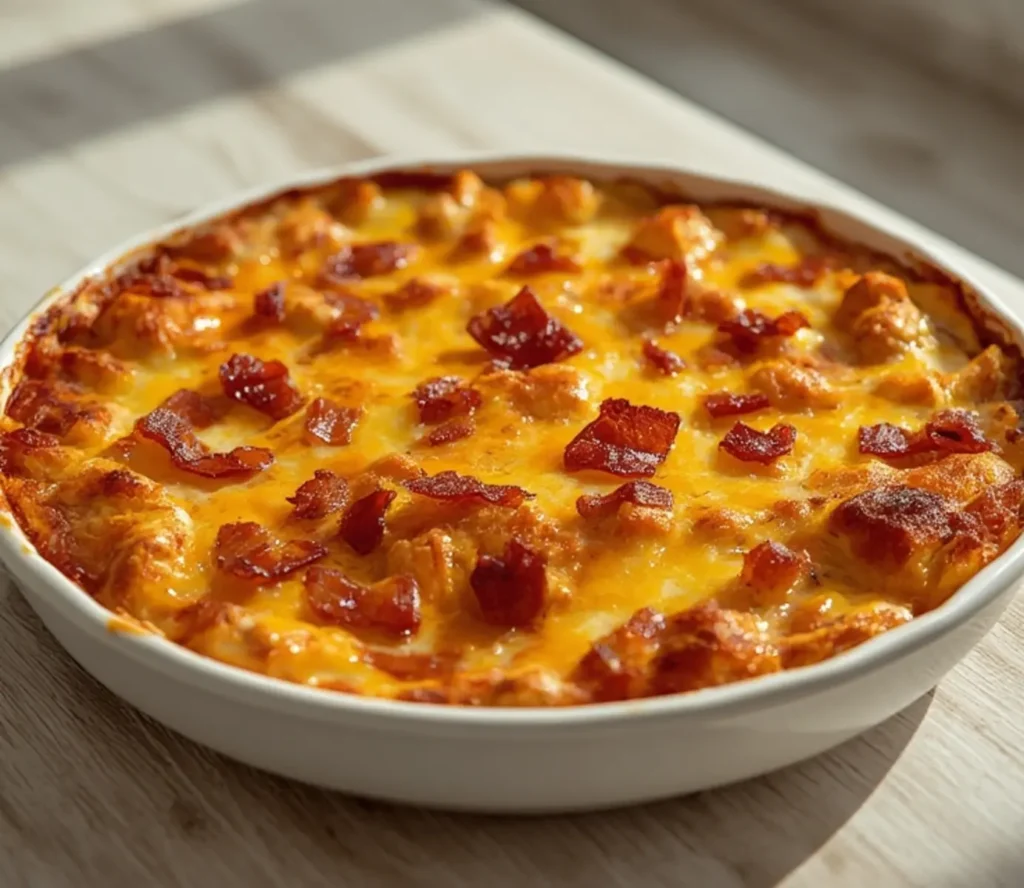 Chicken Bacon Ranch Casserole: Golden baked chicken bacon ranch casserole with melted cheese and crispy bacon bits in a white dish.
