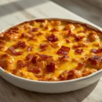 Chicken Bacon Ranch Casserole: Golden baked chicken bacon ranch casserole with melted cheese and crispy bacon bits in a white dish.