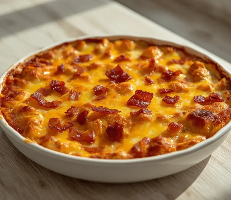 Home 7 Chicken Bacon Ranch Casserole: Golden baked chicken bacon ranch casserole with melted cheese and crispy bacon bits in a white dish.