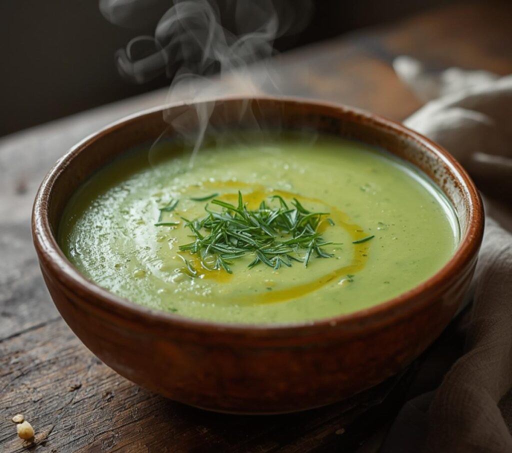 Chilled Cucumber Yogurt Soup: Creamy green chilled cucumber yogurt soup in a bowl, topped with fresh dill.