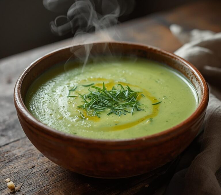 Chilled Cucumber Yogurt Soup: Creamy green chilled cucumber yogurt soup in a bowl, topped with fresh dill.