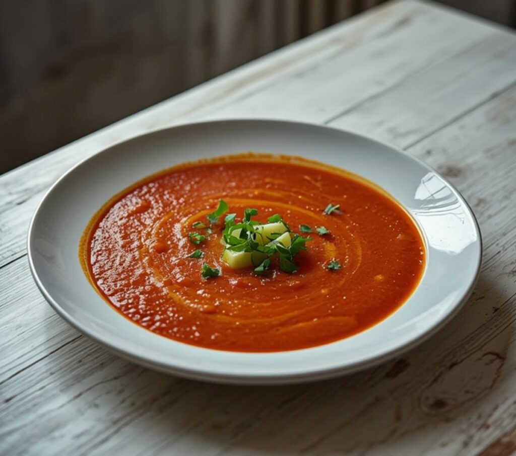 Cold Gazpacho Andaluz: Cold Gazpacho Andaluz in a white bowl with fresh tomatoes and olive oil garnish.