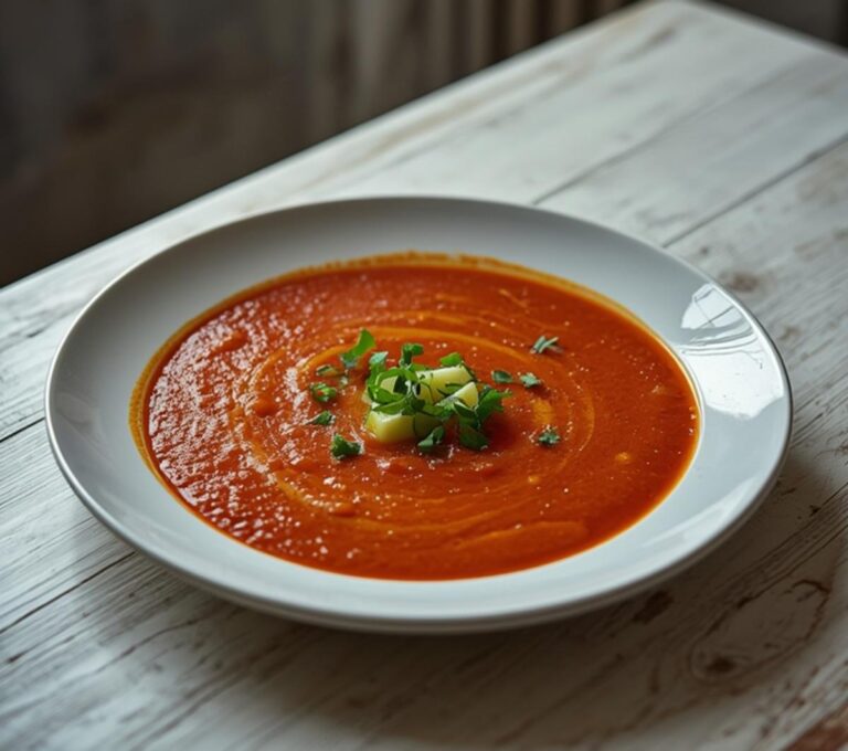 Cold Gazpacho Andaluz: Cold Gazpacho Andaluz in a white bowl with fresh tomatoes and olive oil garnish.
