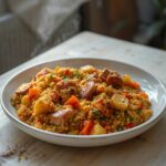Couscous Turkey Veggie Mix: A bowl of golden couscous turkey veggie mix with tender vegetables and savory herbs.