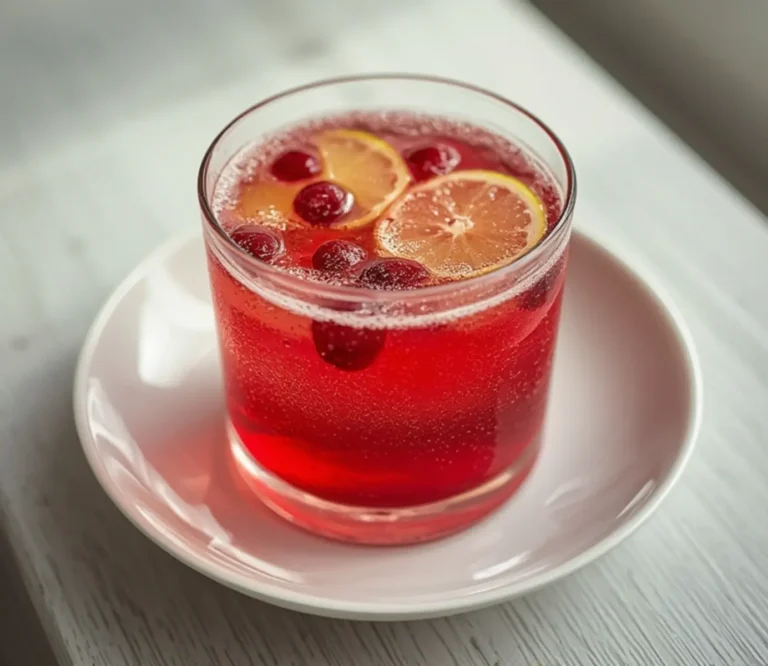 Cranberry Spritz: Bubbly crimson cranberry spritz with lime slices and berries in a tall glass.