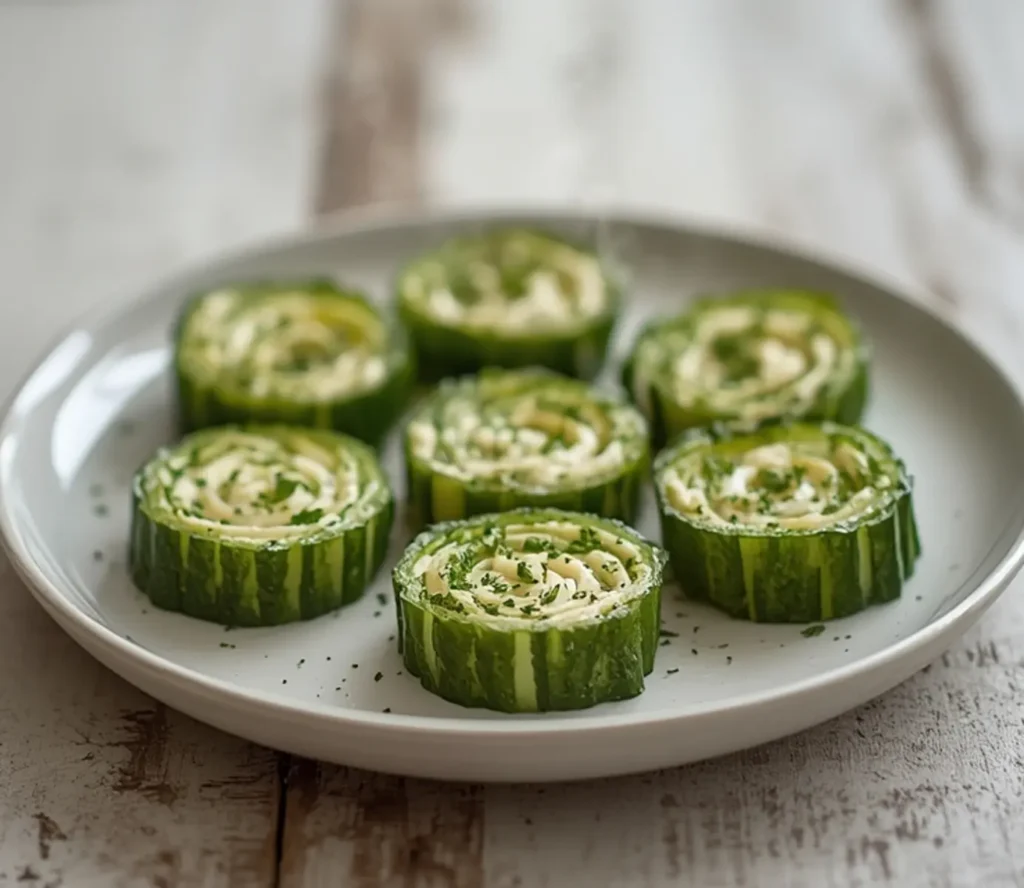 Cucumber Cream Cheese Bites: Close-up of rolled cucumber cream cheese bites with fresh dill on a white plate, showing crisp green texture and creamy white filling.