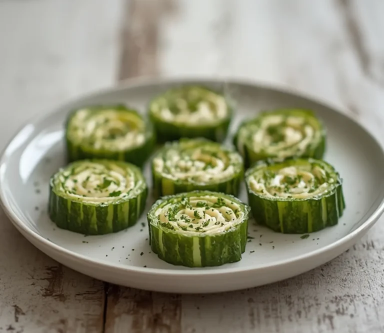 Cucumber Cream Cheese Bites: Close-up of rolled cucumber cream cheese bites with fresh dill on a white plate, showing crisp green texture and creamy white filling.