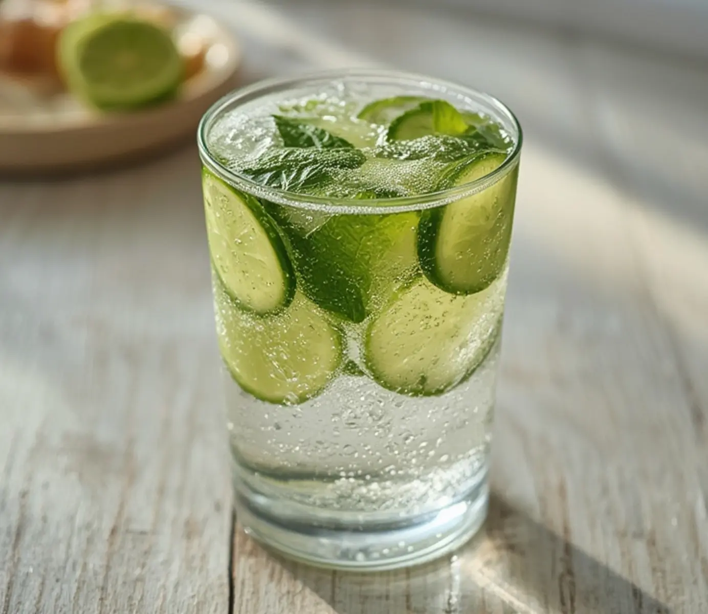 Ultimate Cucumber Lime Spritzer: Refreshing 5-Ingredient Drink 4 Cucumber Lime Spritzer: Cucumber Lime Spritzer in a tall glass with ice, cucumber slices, and mint leaves. Sparkling water bubbles visible. Healthy detox drink aesthetic.