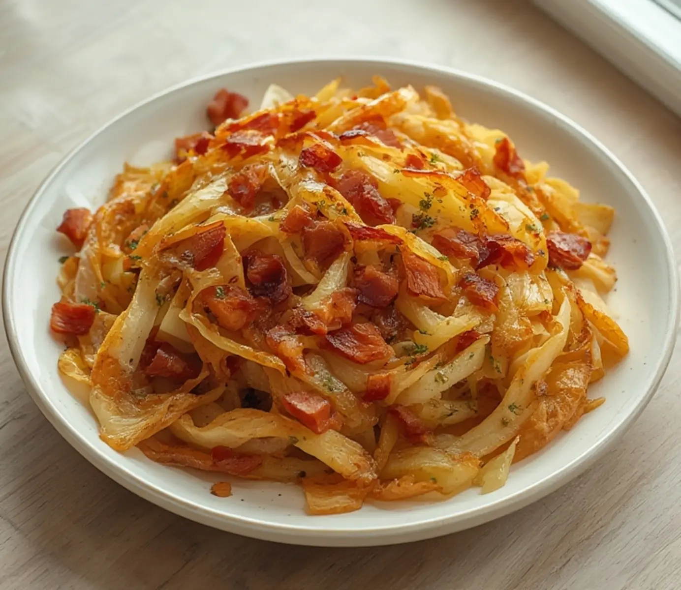 Extra Crispy Fried Cabbage: 5-Ingredient Healthy Comfort Food 4 Fried Cabbage: Cast iron skillet filled with golden brown crispy fried cabbage mixed with crispy bacon bits