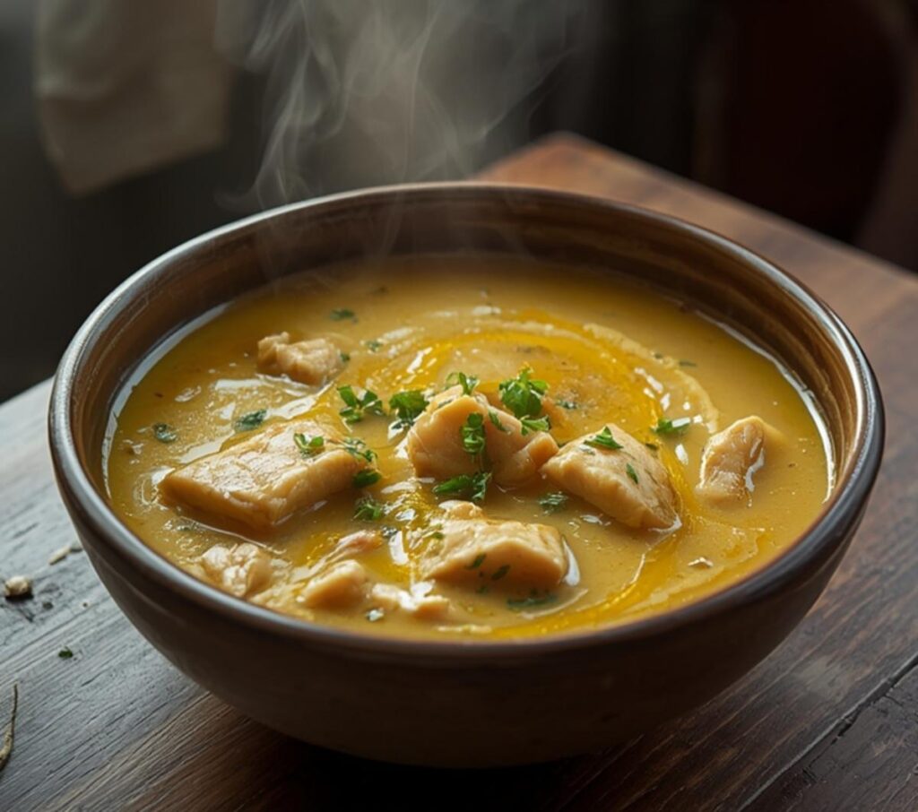 Greek Avgolemono Soup: Creamy Greek Avgolemono Soup in a white bowl with golden broth, tender chicken, and rice.