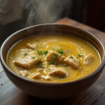 Greek Avgolemono Soup: Creamy Greek Avgolemono Soup in a white bowl with golden broth, tender chicken, and rice.