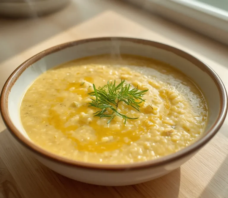 Home 6 Greek Avgolemono Soup: Creamy golden Greek Avgolemono Soup in a white bowl, garnished with fresh dill and a lemon slice.