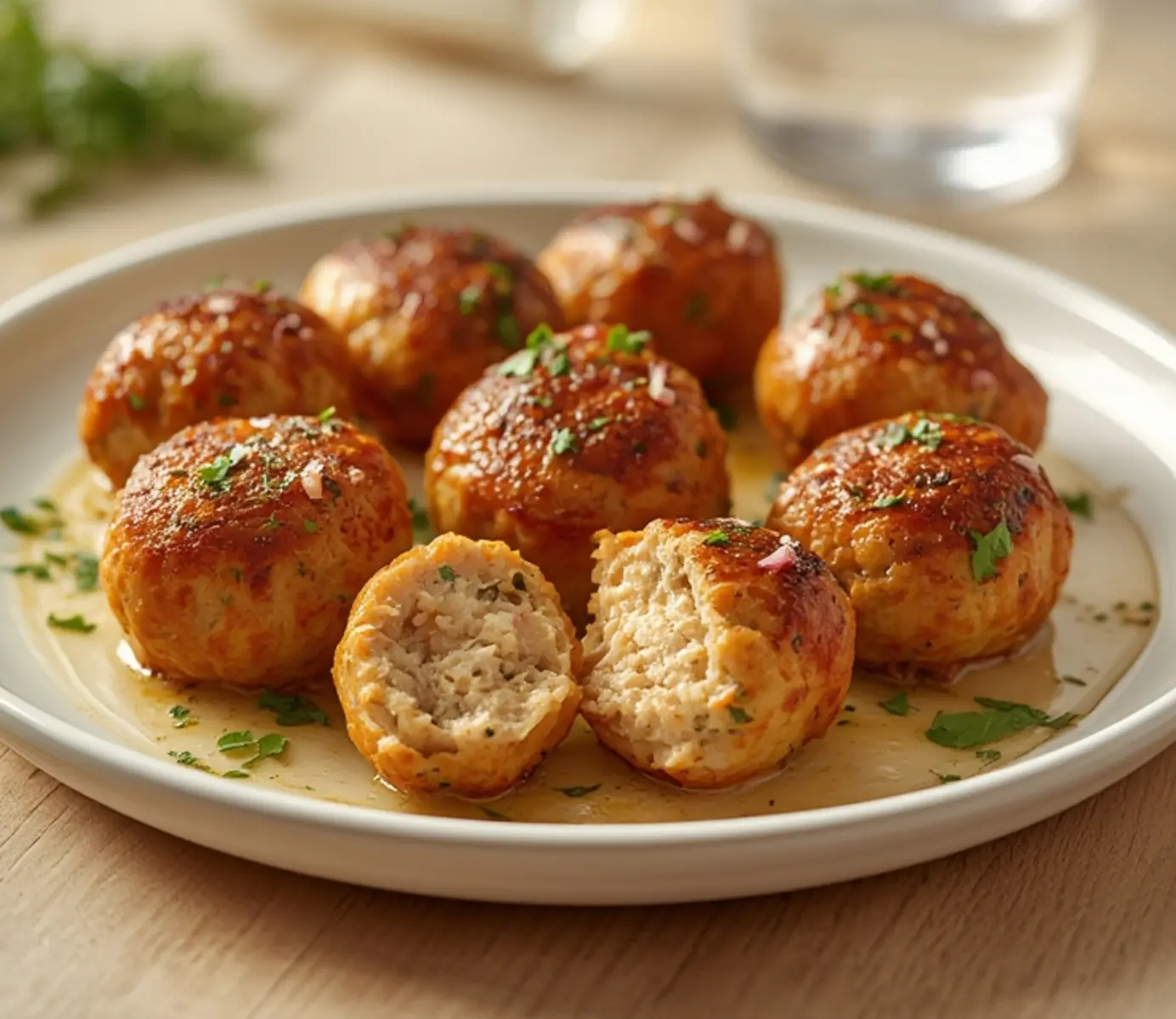 Golden Greek Chicken Meatballs - Juicy & Flavor-Packed 4 Greek Chicken Meatballs: Juicy golden Greek chicken meatballs on a baking sheet, herb-flecked and glistening with olive oil.