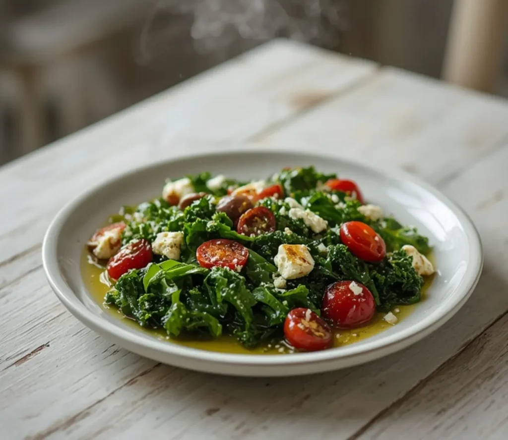 Greek Kale Salad: A vibrant Greek kale salad with fresh kale, cherry tomatoes, cucumber, olives, and feta cheese drizzled with olive oil.