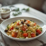 Greek Orzo Salad: Greek Orzo Salad with fresh vegetables, feta cheese, and olives in a bowl, Mediterranean Diet Salads.