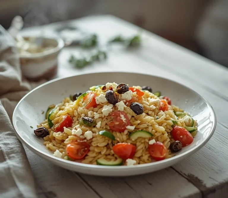 Greek Orzo Salad: Greek Orzo Salad with fresh vegetables, feta cheese, and olives in a bowl, Mediterranean Diet Salads.