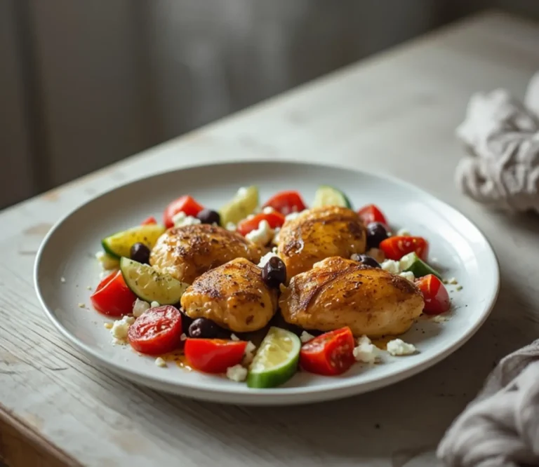 Greek Salad Chicken: Golden Greek Salad Chicken with fresh tomatoes, cucumbers, olives, and feta cheese in a skillet