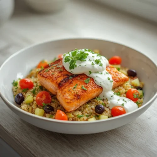 Ultimate Greek Salmon Bowls with Tzatziki Sauce 3 greek salmon bowls