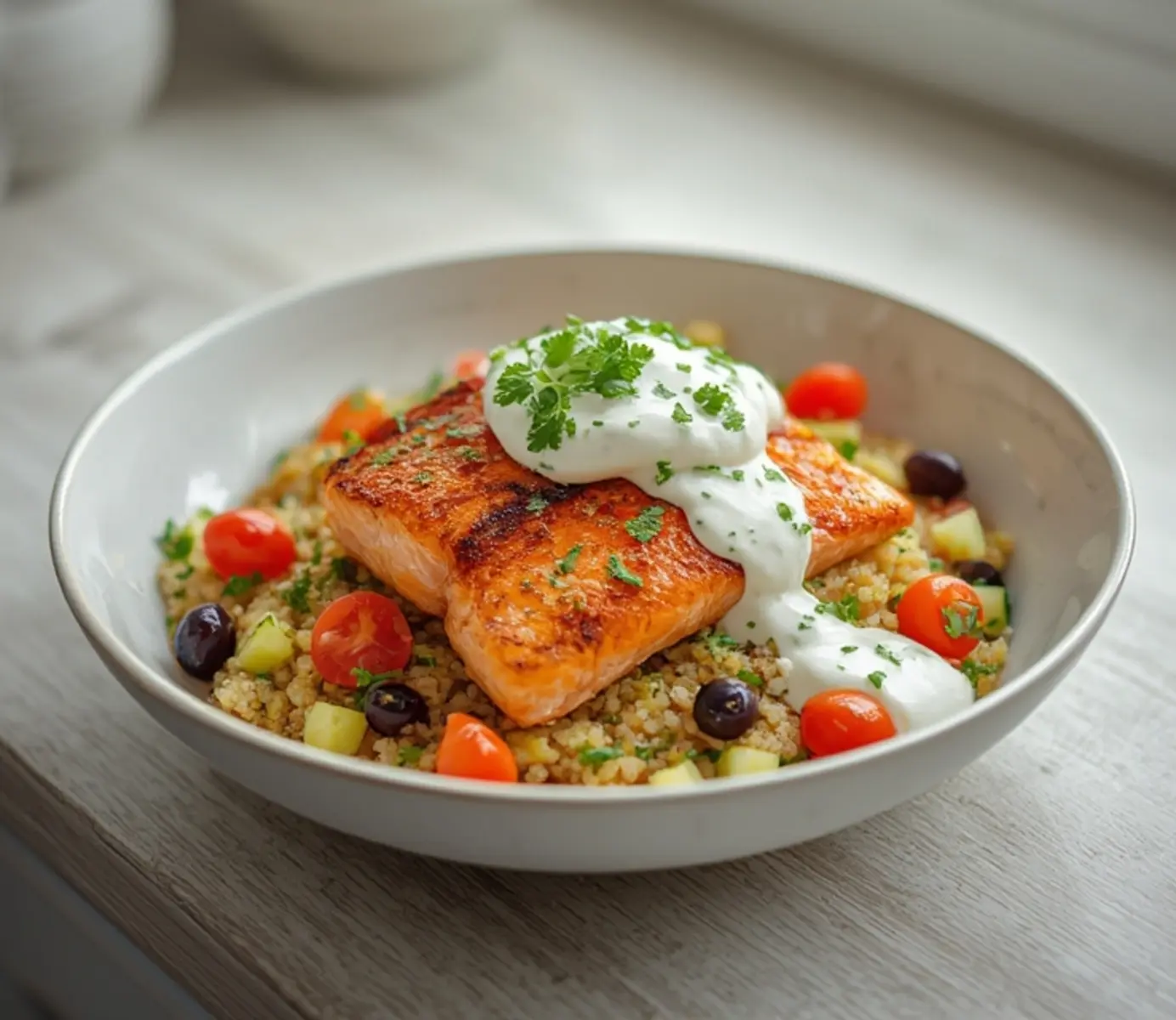 Ultimate Greek Salmon Bowls with Tzatziki Sauce 4 Greek Salmon Bowls: Greek Salmon Bowls with flaky fish, quinoa, tzatziki, and fresh vegetables in a rustic bowl