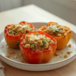Greek Stuffed Peppers: Roasted Greek stuffed peppers with quinoa and feta cheese topped with melted cheese and fresh herbs