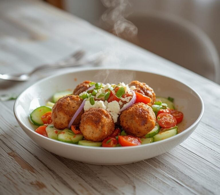 Greek Turkey Meatball Bowl: A vibrant Mediterranean bowl with golden turkey meatballs, ruby-red tomatoes, and glistening feta cheese on a fresh cucumber base.