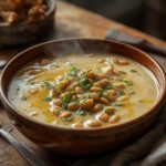 Greek White Bean Soup: Creamy Greek White Bean Soup in a bowl with olive oil drizzle and oregano garnish.