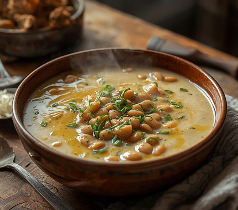 Greek White Bean Soup: Creamy Greek White Bean Soup in a bowl with olive oil drizzle and oregano garnish.