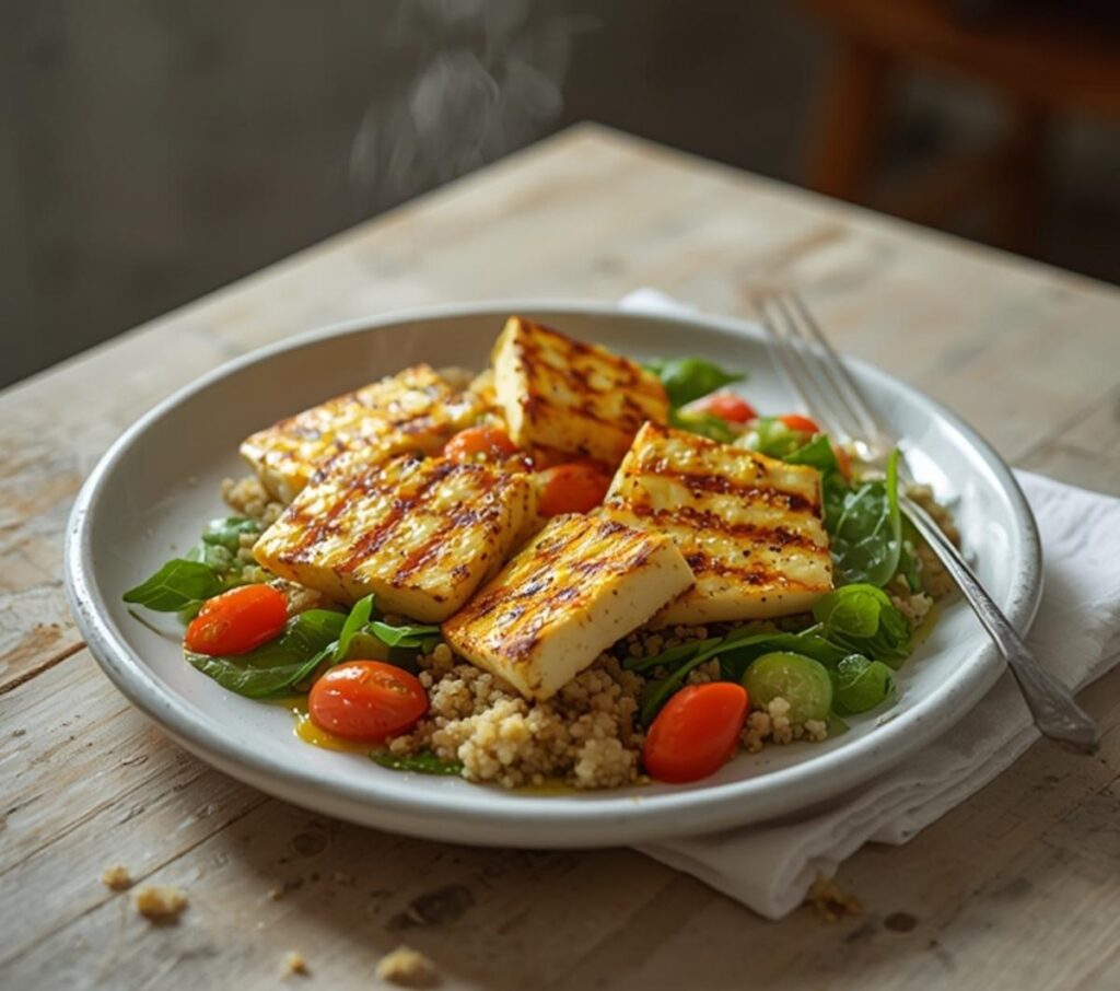 Grilled Halloumi Quinoa Bowl: Golden grilled halloumi cheese on a quinoa bowl with fresh greens and tomatoes, Mediterranean diet recipe.