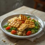 Grilled Halloumi Quinoa Bowl: Golden grilled halloumi cheese on a quinoa bowl with fresh greens and tomatoes, Mediterranean diet recipe.