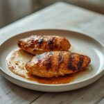Harissa Yogurt Grilled Chicken: Golden grilled chicken breasts with a creamy harissa yogurt glaze on a platter, perfect for Mediterranean dinners.