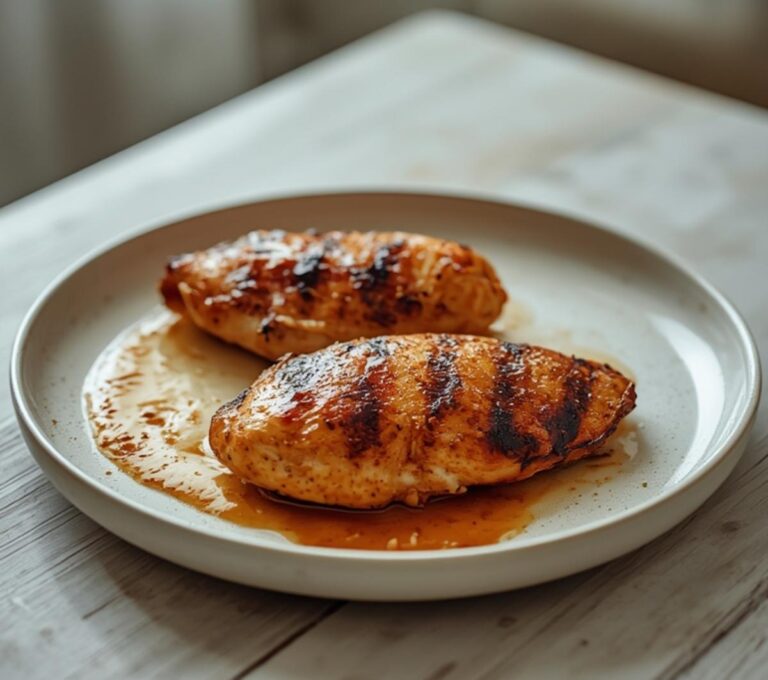 Harissa Yogurt Grilled Chicken: Golden grilled chicken breasts with a creamy harissa yogurt glaze on a platter, perfect for Mediterranean dinners.