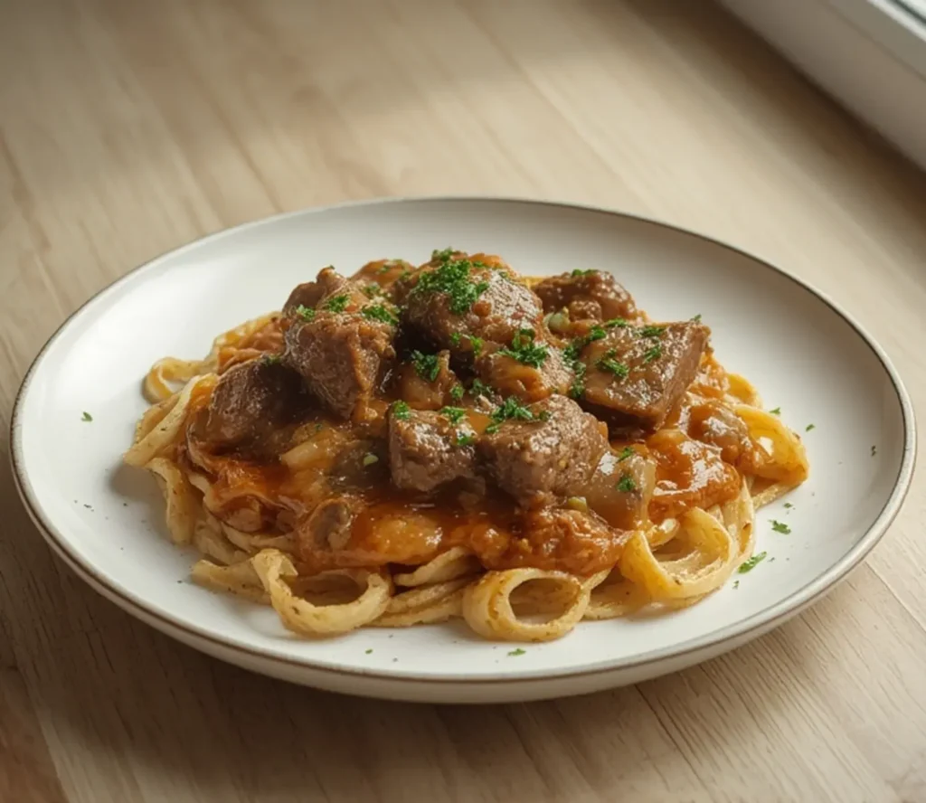 Healthy Beef Stroganoff: Creamy Healthy Beef Stroganoff in a skillet with golden mushrooms and noodles.