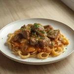 Healthy Beef Stroganoff: Creamy Healthy Beef Stroganoff in a skillet with golden mushrooms and noodles.