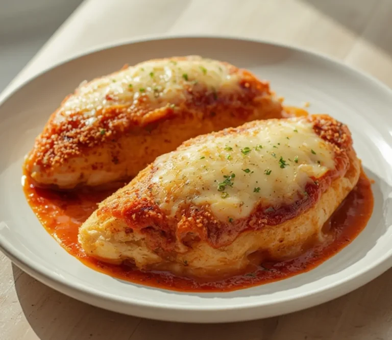Healthy Chicken Parmesan: Golden crispy baked chicken parmesan with melted mozzarella and bubbling marinara on a white plate