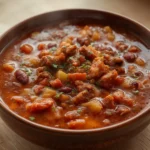 Healthy Turkey Chili: Close up of a steaming bowl of Healthy Turkey Chili topped with cheese and cilantro in a rustic bowl