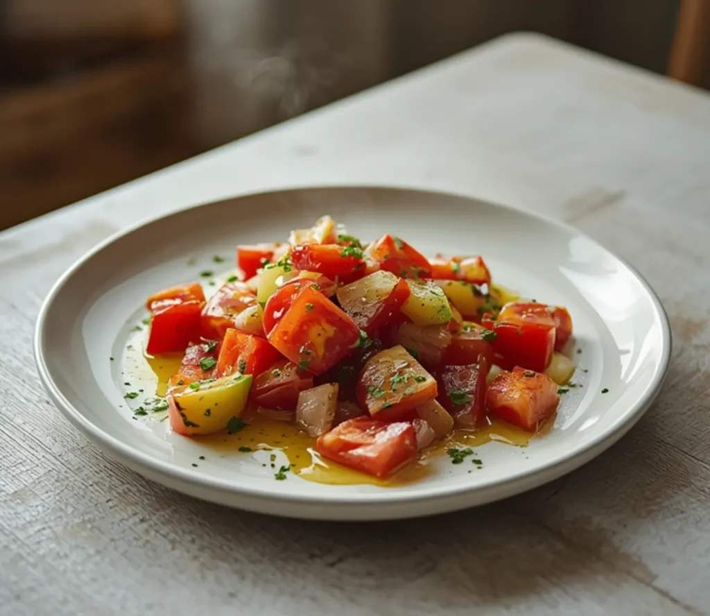 Israeli Salad: Fresh Israeli Salad with diced cucumbers, tomatoes, and parsley in a bowl, glistening with olive oil.