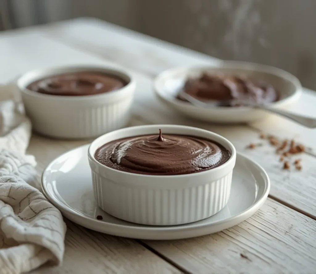 Keto Avocado Chocolate Mousse: Creamy chocolate brown keto mousse in small glass bowls topped with a raspberry.