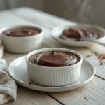 Keto Avocado Chocolate Mousse: Creamy chocolate brown keto mousse in small glass bowls topped with a raspberry.