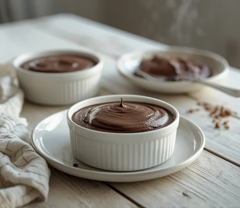 Keto Avocado Chocolate Mousse: Creamy chocolate brown keto mousse in small glass bowls topped with a raspberry.