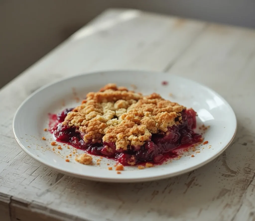 Keto Berry Crumble: Golden keto berry crumble in a baking dish with bubbly ruby-red berries and a flaky topping.